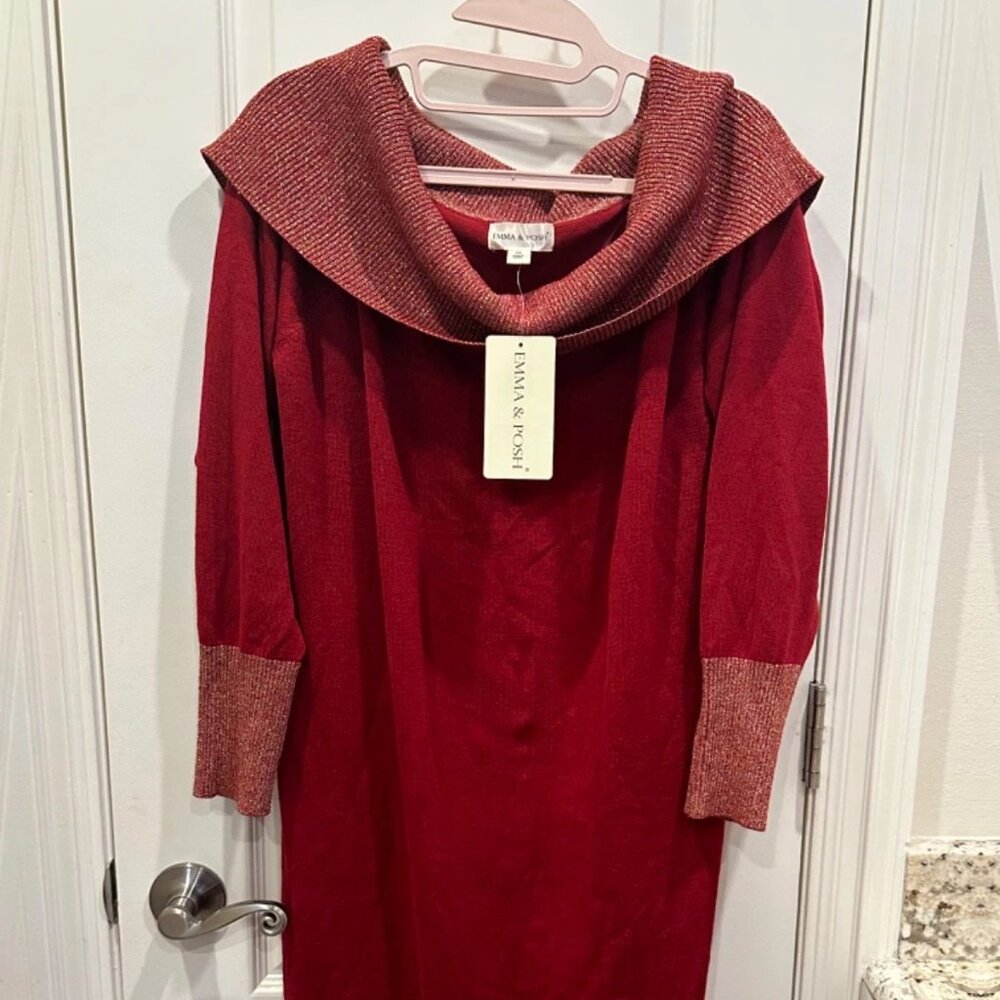 Holiday Party Red / Burgundy Swater Dress Juniors 3X /Woman's XL w/Metallic Gold
